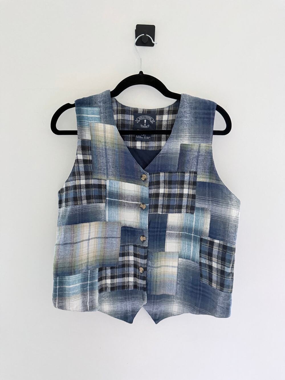 Vintage Solutions Original Blue Plaid Patchwork Flannel Vest-Size M
